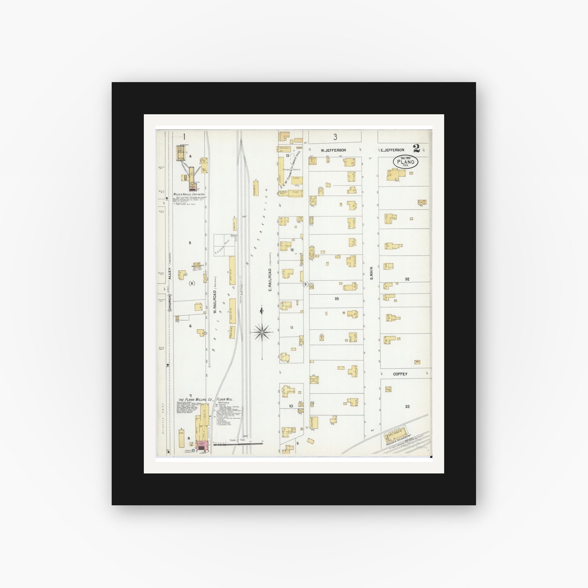 Old map wall art mockup — black gallery frame with white mat — Sanborn Fire Insurance Map from Plano, Collin County, Texas (1901), Sheet #0002
