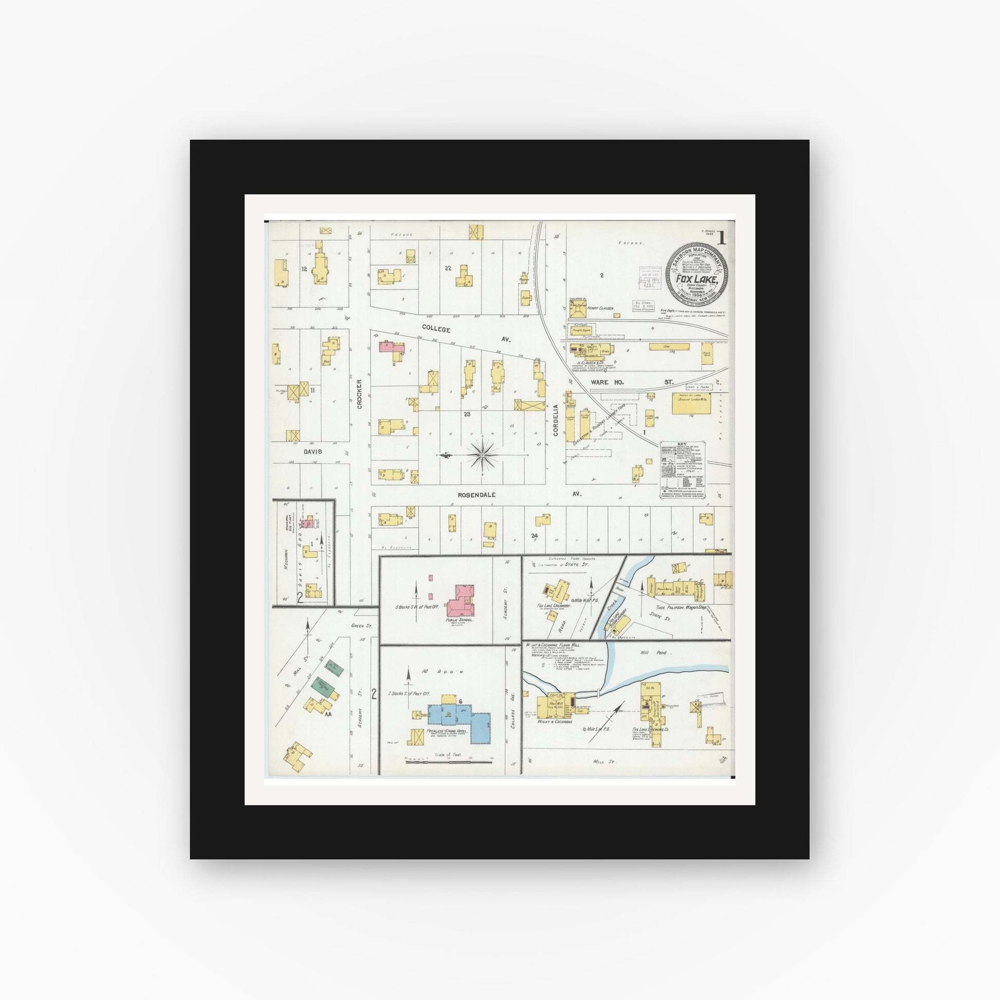 Old map wall art mockup — black gallery frame with white mat — Sanborn Fire Insurance Map from Fox Lake, Dodge County, Wisconsin (1904) - Complete Map Set