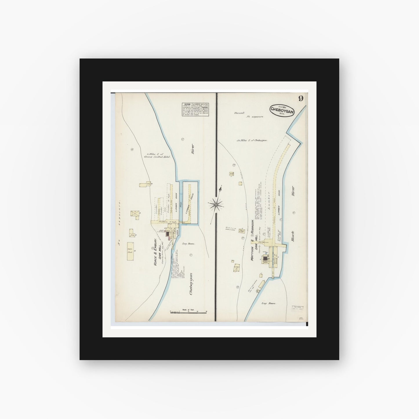 Old map wall art mockup — black gallery frame with white mat — Sanborn Fire Insurance Map from Cheboygan, Cheboygan County, Michigan (1884), Sheet #0009