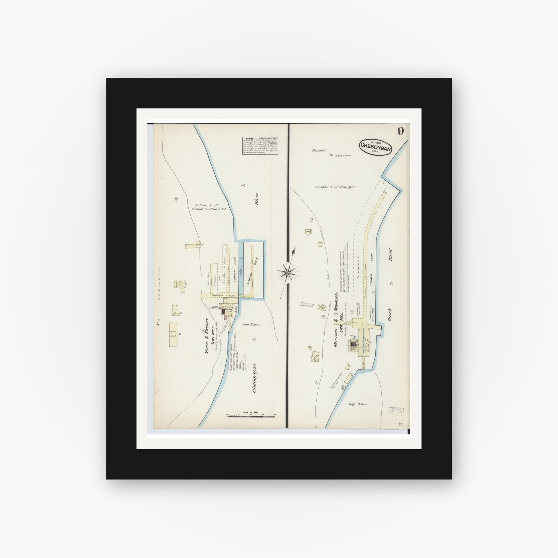 Old map wall art mockup — black gallery frame with white mat — Sanborn Fire Insurance Map from Cheboygan, Cheboygan County, Michigan (1884), Sheet #0009