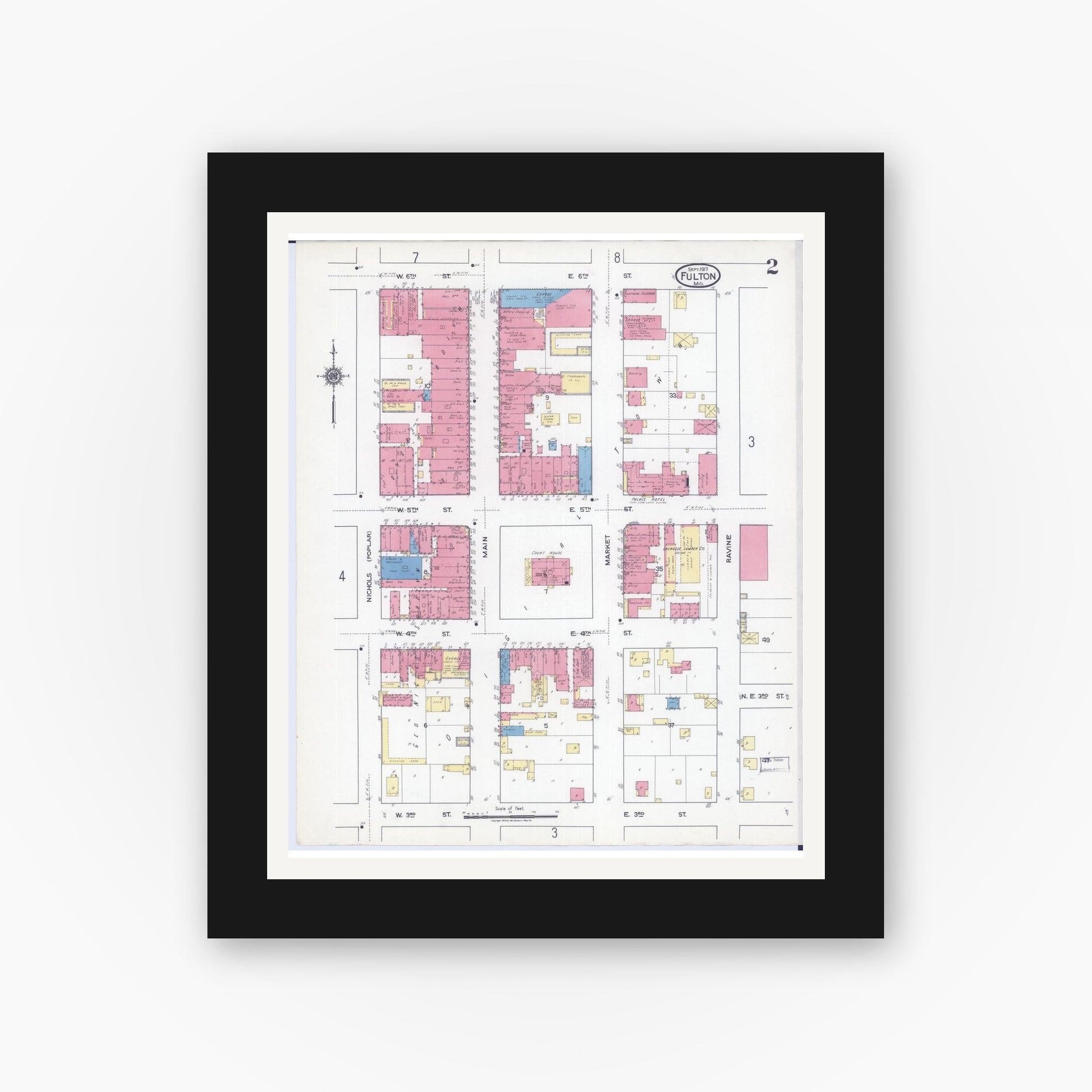 Old map wall art mockup — black gallery frame with white mat — Sanborn Fire Insurance Map from Fulton, Callaway County, Missouri (1917), Sheet #0002