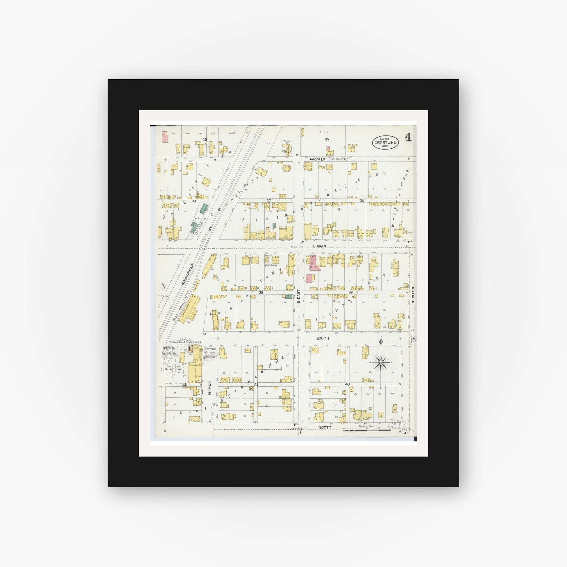 Old map wall art mockup — black gallery frame with white mat — Sanborn Fire Insurance Map from Crestline, Crawford County, Ohio (1901), Sheet #0004