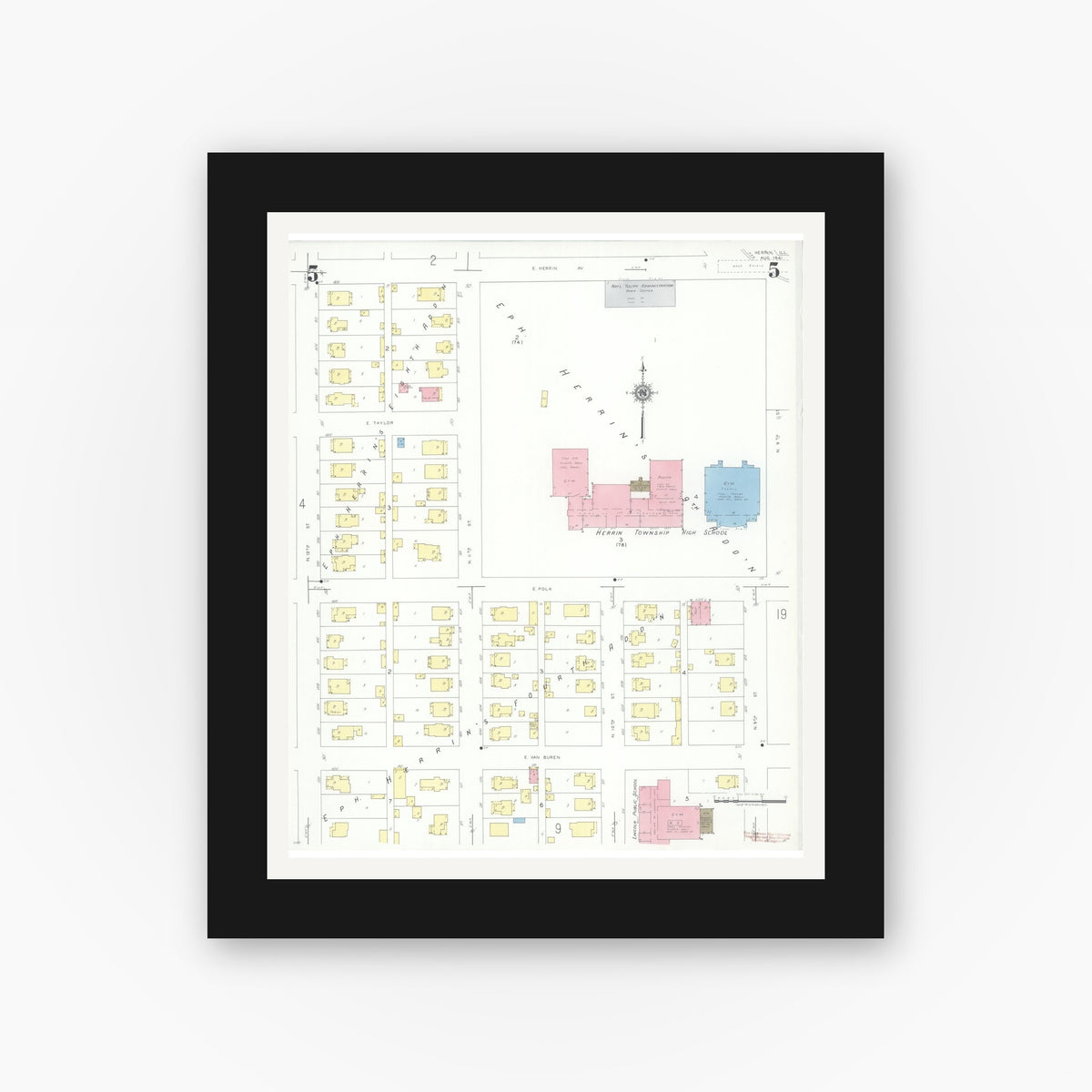 Old map wall art mockup — black gallery frame with white mat — Sanborn Fire Insurance Map from Herrin, Williamson County, Illinois (1941), Sheet #0005