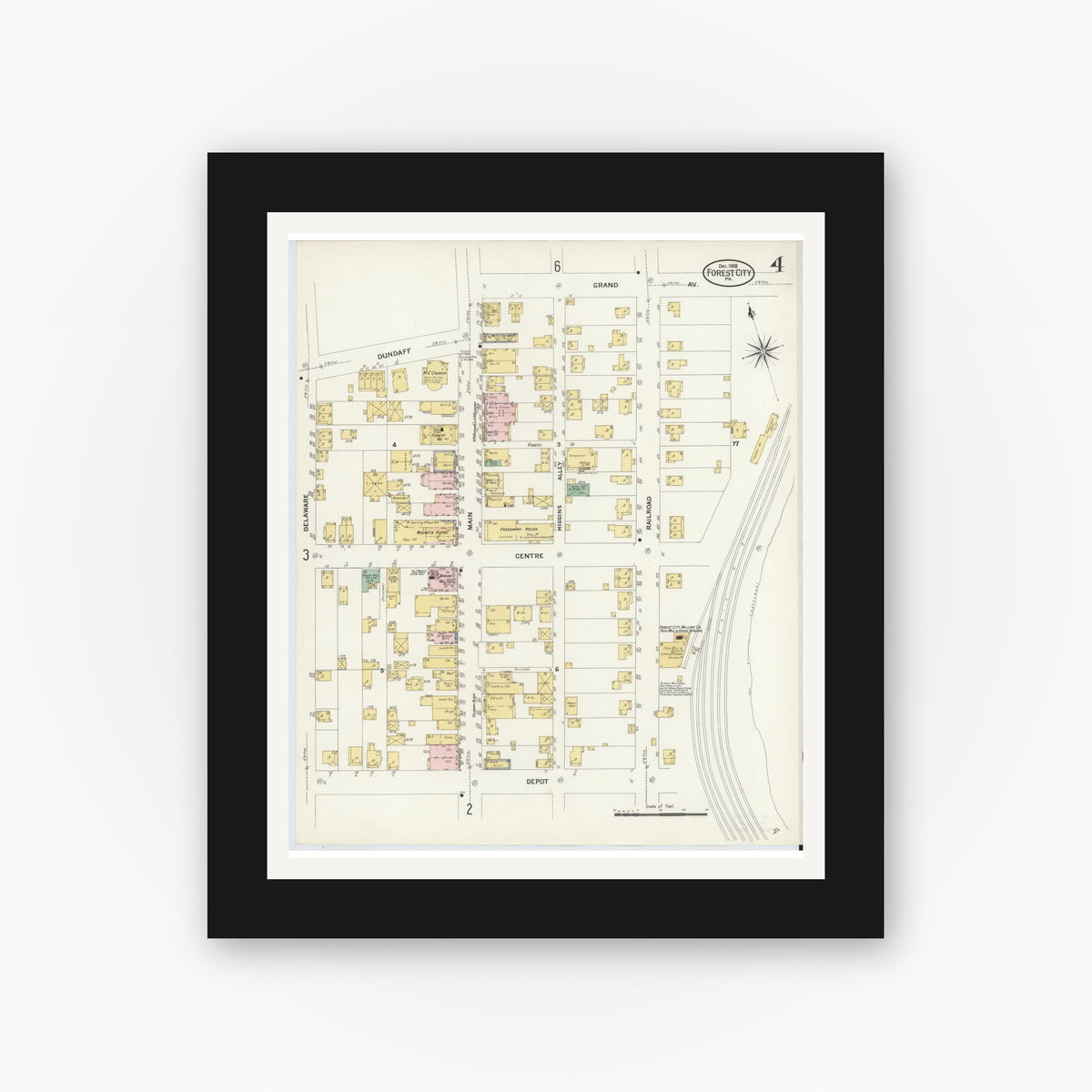 Old map wall art mockup — black gallery frame with white mat — Sanborn Fire Insurance Map from Forest City, Susquehanna County, Pennsylvania (1908), Sheet #0004