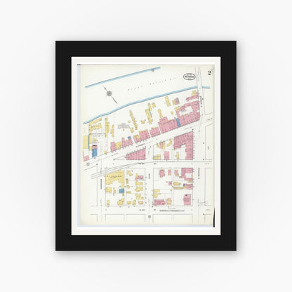 Old map wall art mockup — black gallery frame with white mat — Sanborn Fire Insurance Map from Monroe, Monroe County, Michigan (1916), Sheet #0002