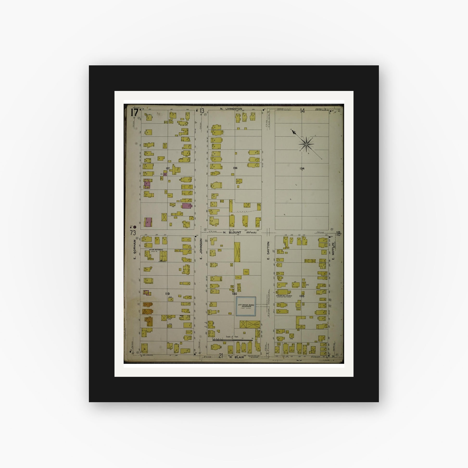 Old map wall art mockup — black gallery frame with white mat — Sanborn Fire Insurance Map from Madison, Dane County, Wisconsin (1908), Sheet #0017