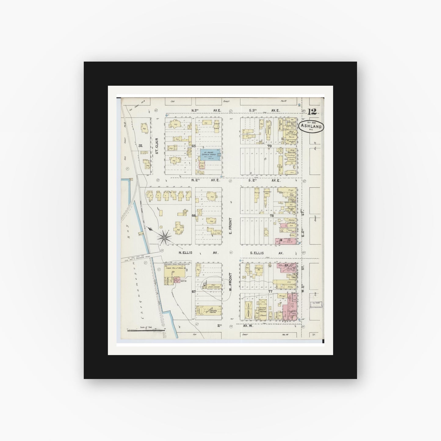 Old map wall art mockup — black gallery frame with white mat — Sanborn Fire Insurance Map from Ashland, Ashland County, Wisconsin (1890), Sheet #0012