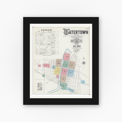 Old map wall art mockup — black gallery frame with white mat — Sanborn Fire Insurance Map from Watertown, Jefferson County, Wisconsin (1890) - Complete Map Set