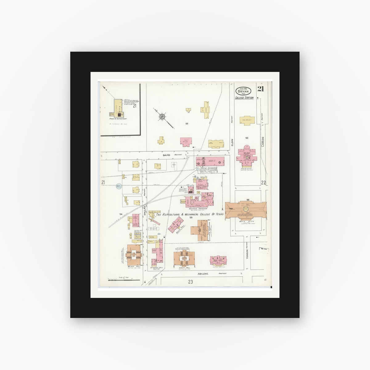 Old map wall art mockup — black gallery frame with white mat — Sanborn Fire Insurance Map from Bryan, Brazos County, Texas (1912), Sheet #0021