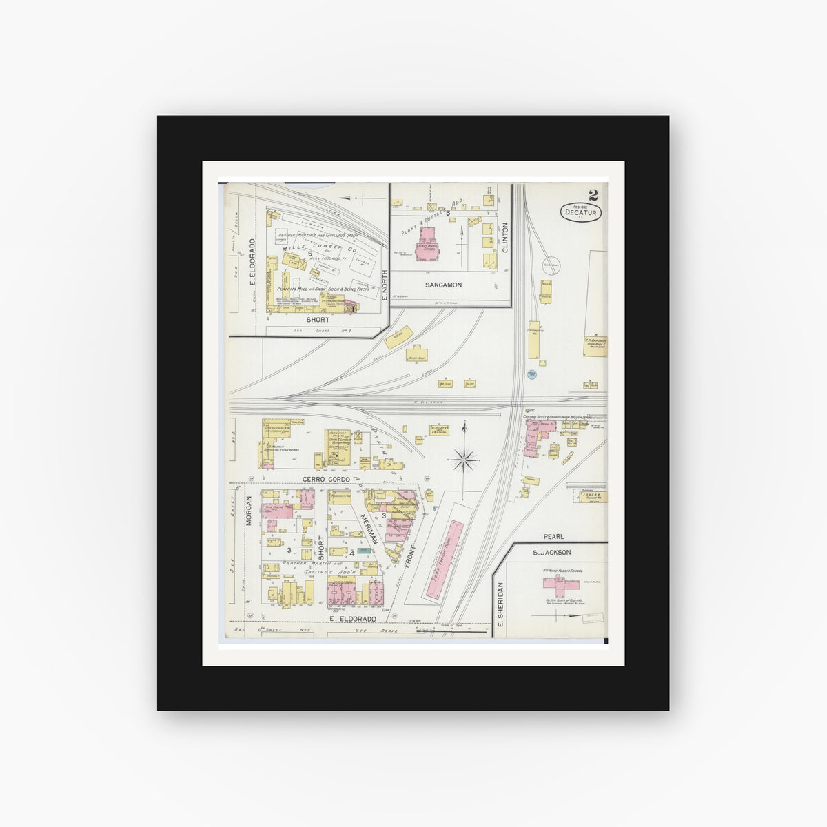 Old map wall art mockup — black gallery frame with white mat — Sanborn Fire Insurance Map from Decatur, Macon County, Illinois (1892), Sheet #0002