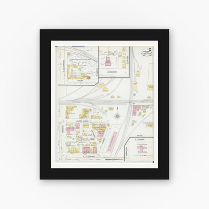 Old map wall art mockup — black gallery frame with white mat — Sanborn Fire Insurance Map from Decatur, Macon County, Illinois (1892), Sheet #0002
