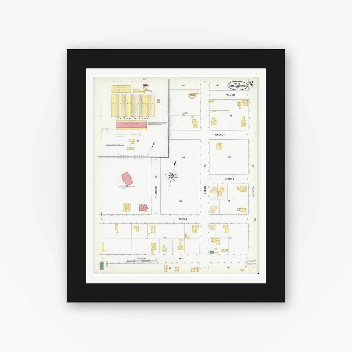 Old map wall art mockup — black gallery frame with white mat — Sanborn Fire Insurance Map from Green Cove Springs, Clay County, Florida (1909), Sheet #0002