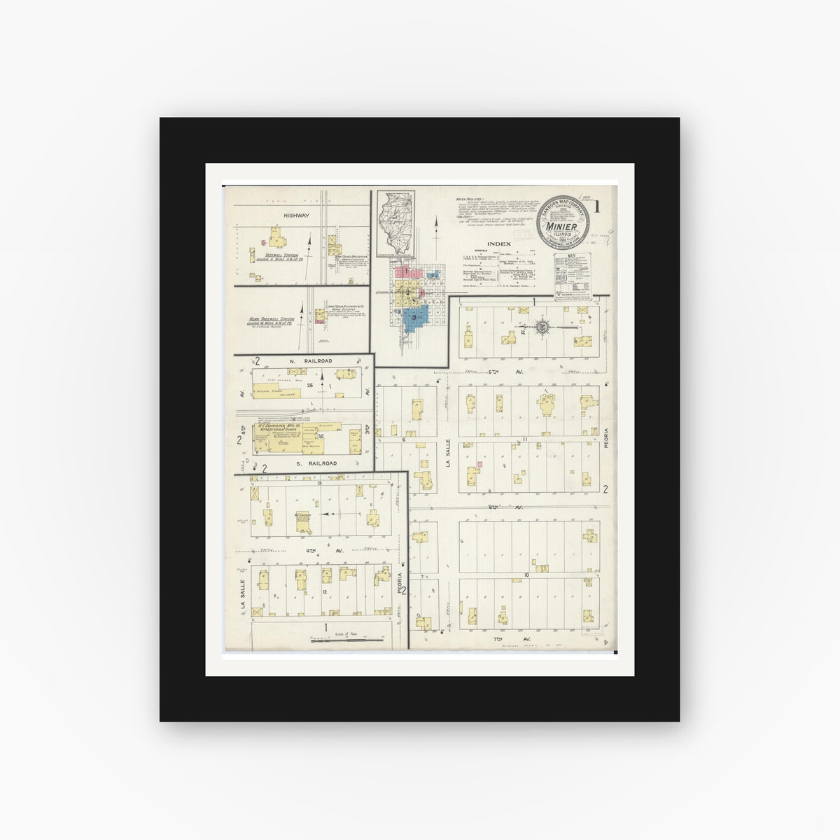 Old map wall art mockup — black gallery frame with white mat — Sanborn Fire Insurance Map from Minier, Tazewell County, Illinois (1913), Sheet #0001