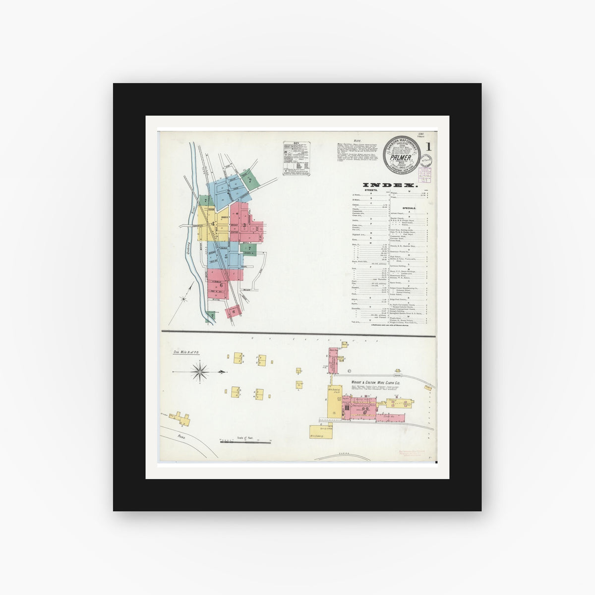 Old map wall art mockup — black gallery frame with white mat — Sanborn Fire Insurance Map from Palmer, Hampden County, Massachusetts (1902) - Complete Map Set