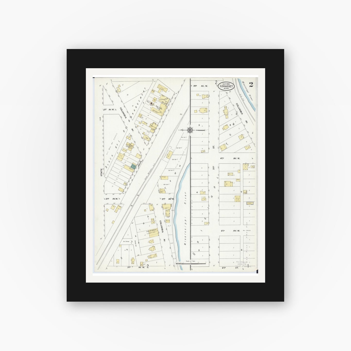 Old map wall art mockup — black gallery frame with white mat — Sanborn Fire Insurance Map from Cohasset, Itasca County, Minnesota (1909), Sheet #0002