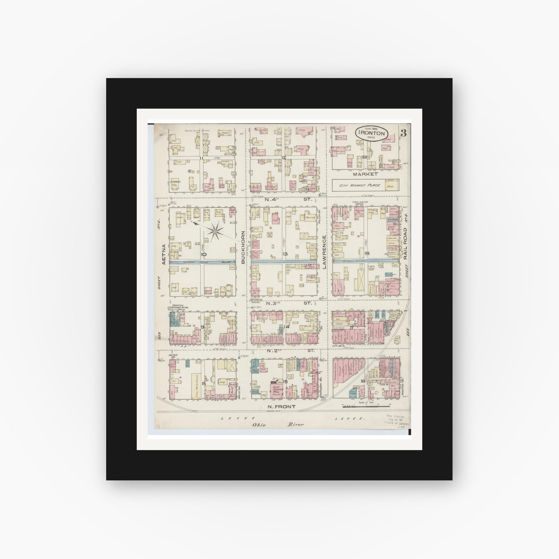 Old map wall art mockup — black gallery frame with white mat — Sanborn Fire Insurance Map from Ironton, Lawrence County, Ohio (1885), Sheet #0003