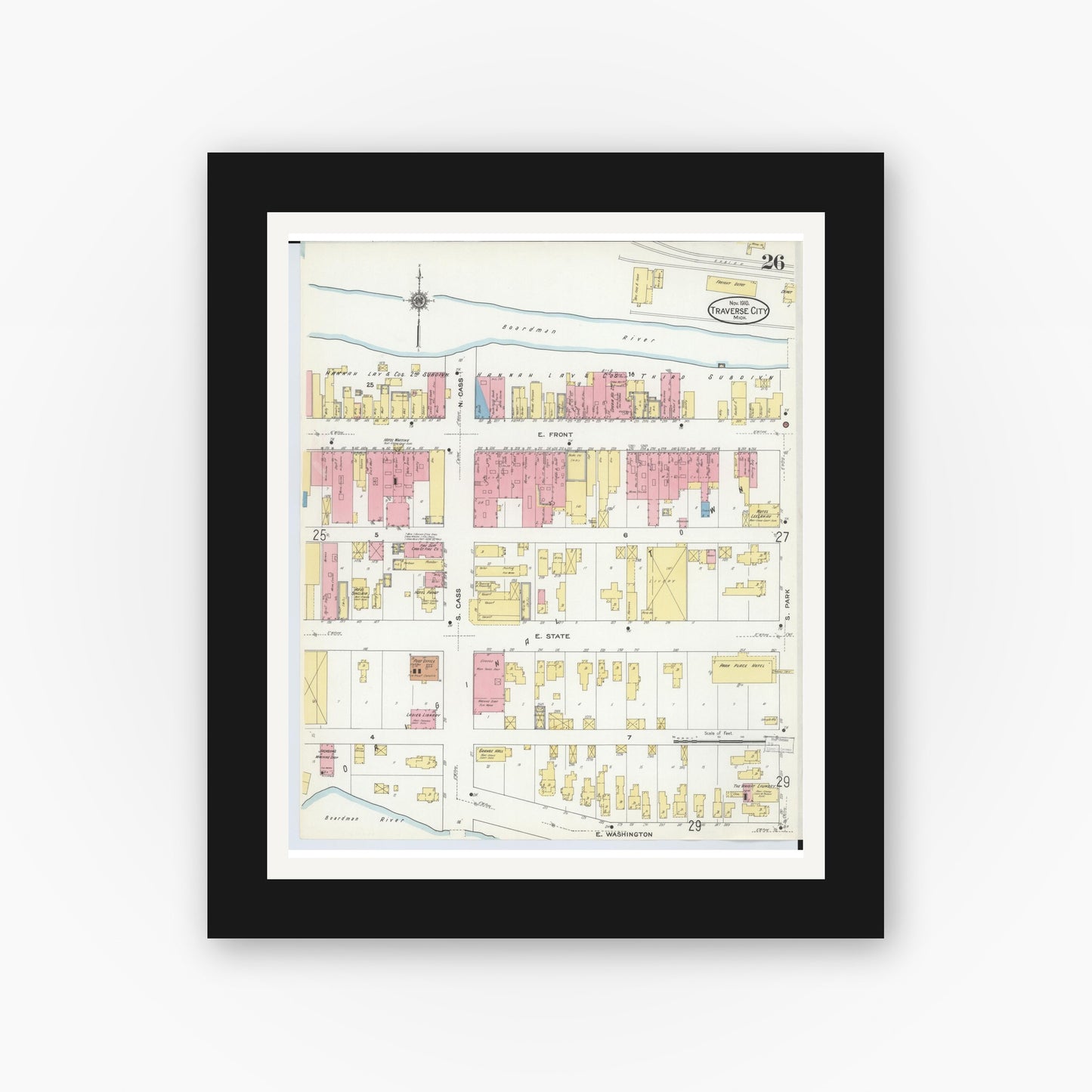 Old map wall art mockup — black gallery frame with white mat — Sanborn Fire Insurance Map from Traverse City, Grand Traverse County, Michigan (1910), Sheet #0026