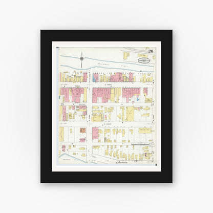 Old map wall art mockup — black gallery frame with white mat — Sanborn Fire Insurance Map from Traverse City, Grand Traverse County, Michigan (1910), Sheet #0026