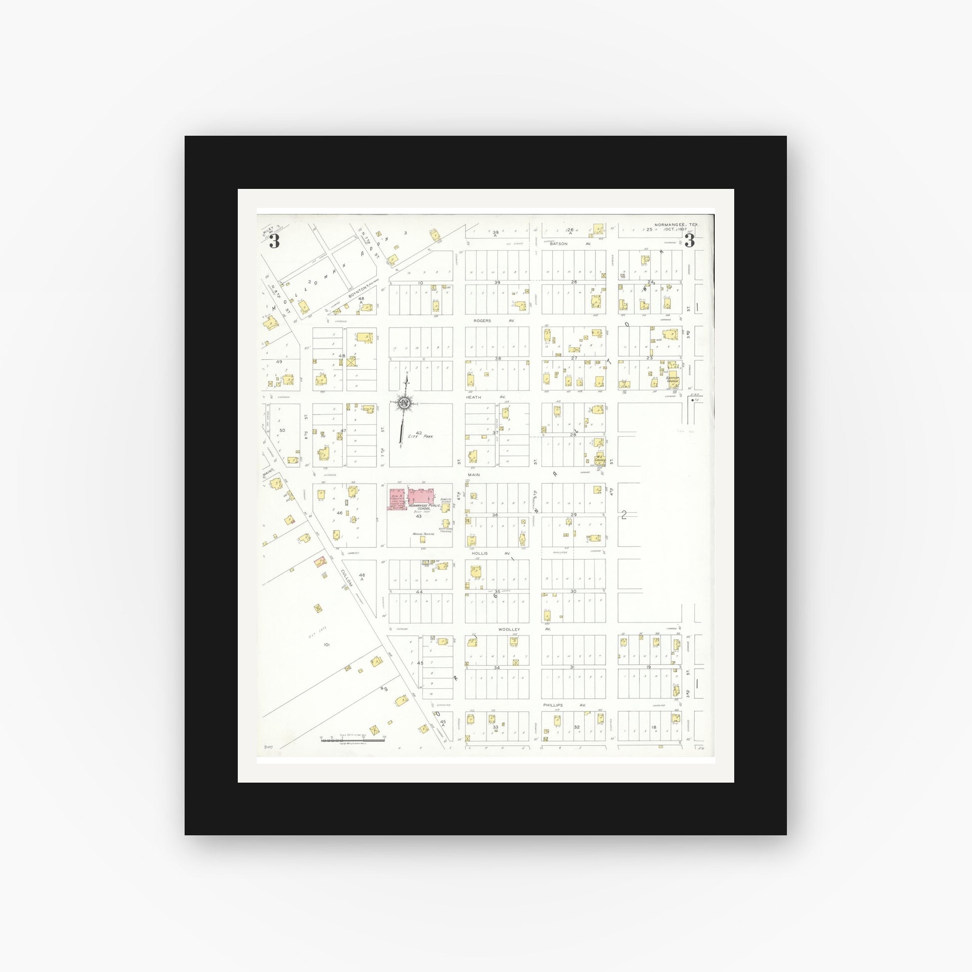 Old map wall art mockup — black gallery frame with white mat — Sanborn Fire Insurance Map from Normangee, Leon County, Texas (1937), Sheet #0003