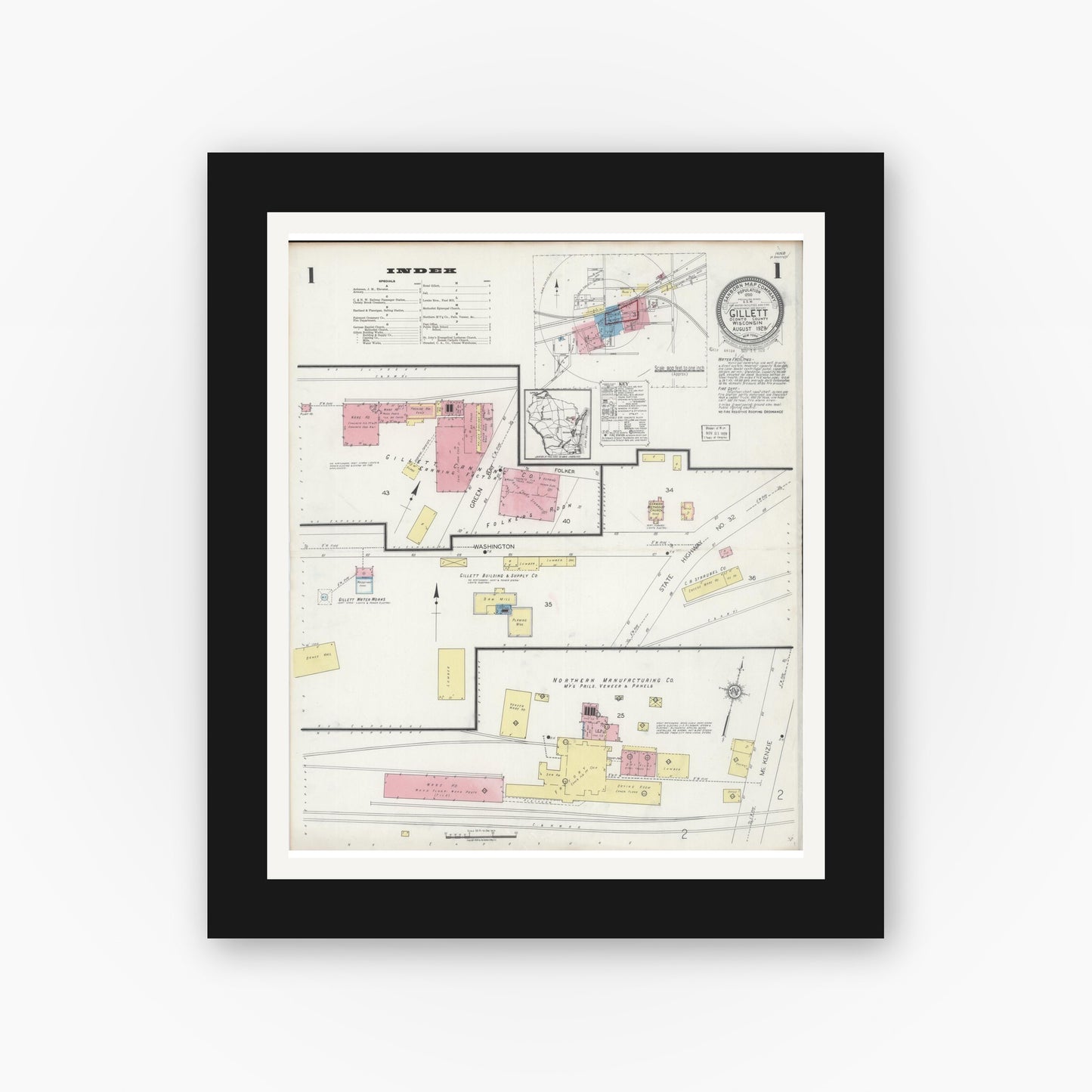 Old map wall art mockup — black gallery frame with white mat — Sanborn Fire Insurance Map from Gillett, Oconto County, Wisconsin (1929), Sheet #0001