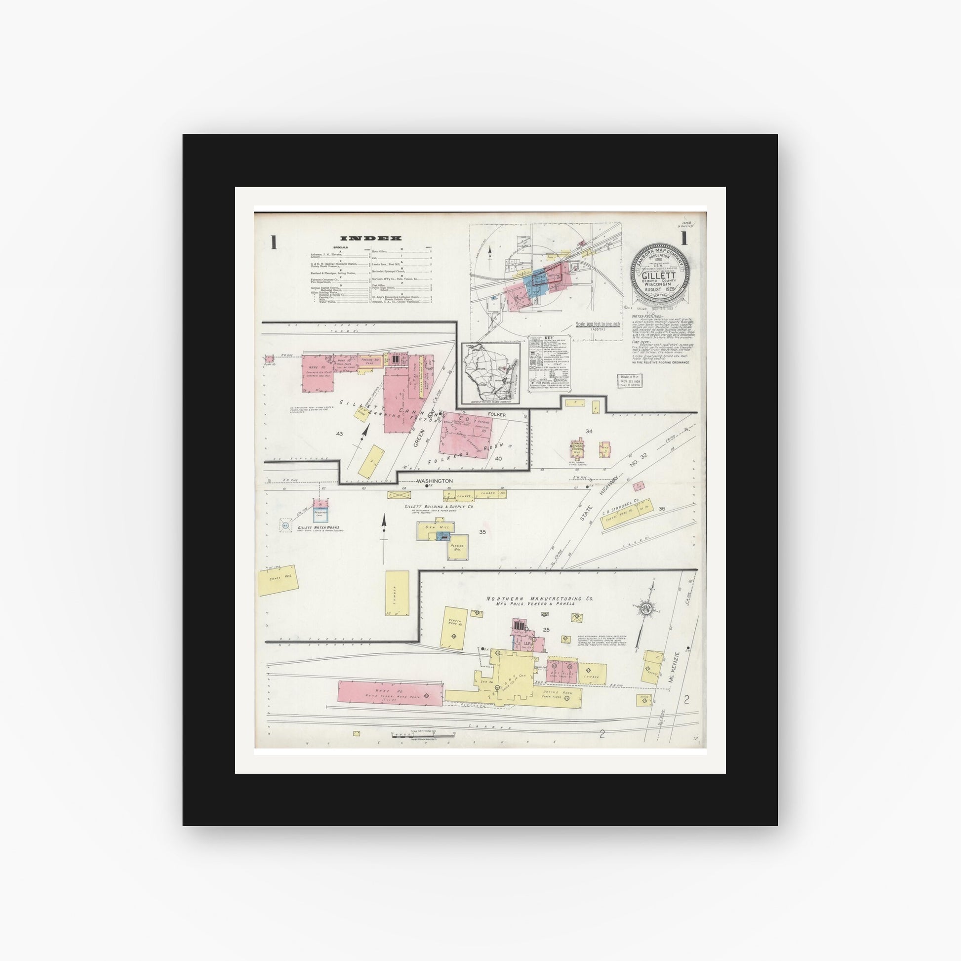 Old map wall art mockup — black gallery frame with white mat — Sanborn Fire Insurance Map from Gillett, Oconto County, Wisconsin (1929), Sheet #0001