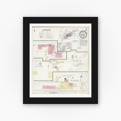 Old map wall art mockup — black gallery frame with white mat — Sanborn Fire Insurance Map from Gillett, Oconto County, Wisconsin (1929), Sheet #0001