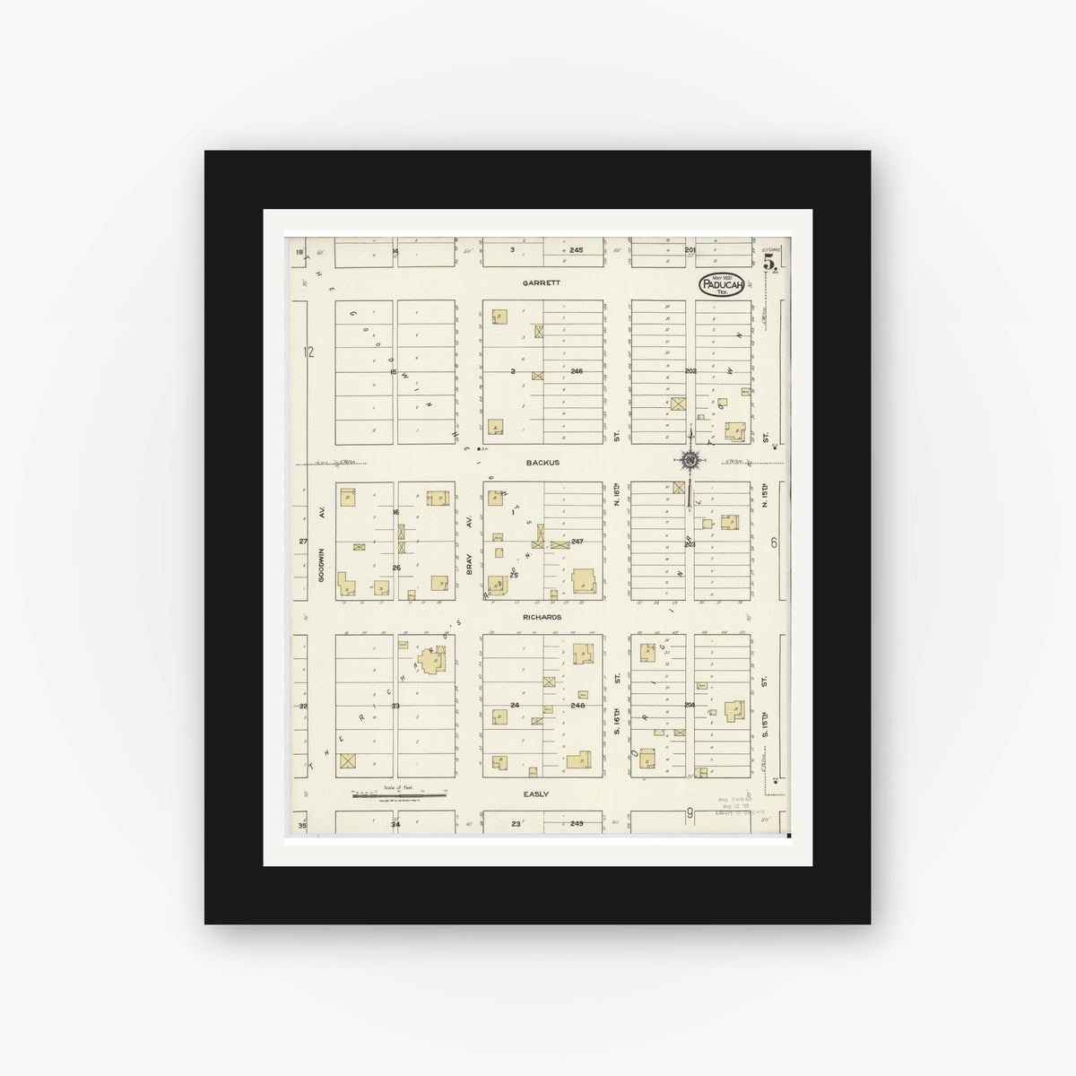 Old map wall art mockup — black gallery frame with white mat — Sanborn Fire Insurance Map from Paducah, Cottle County, Texas (1921), Sheet #0005