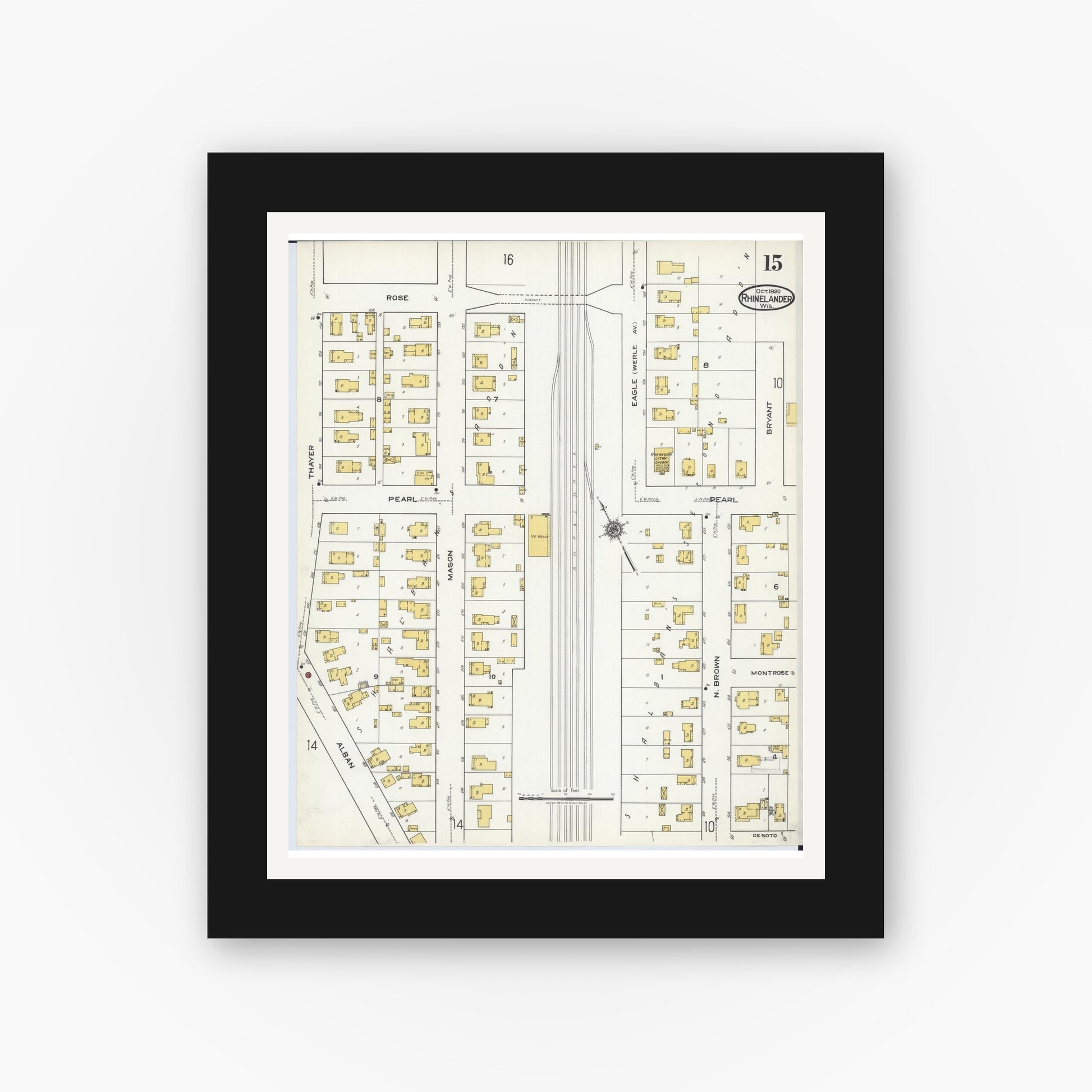 Old map wall art mockup — black gallery frame with white mat — Sanborn Fire Insurance Map from Rhinelander, Oneida County, Wisconsin (1920), Sheet #0015