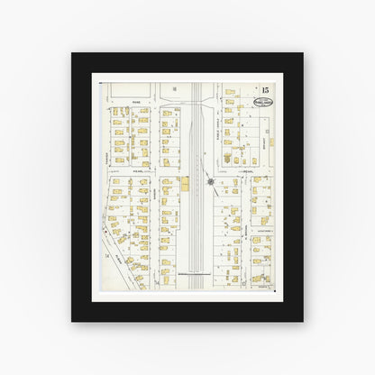 Old map wall art mockup — black gallery frame with white mat — Sanborn Fire Insurance Map from Rhinelander, Oneida County, Wisconsin (1920), Sheet #0015