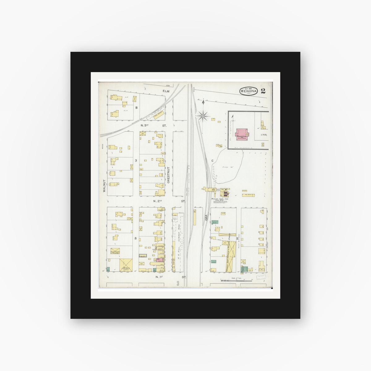 Old map wall art mockup — black gallery frame with white mat — Sanborn Fire Insurance Map from Wenona, Marshall County, Illinois (1892), Sheet #0002