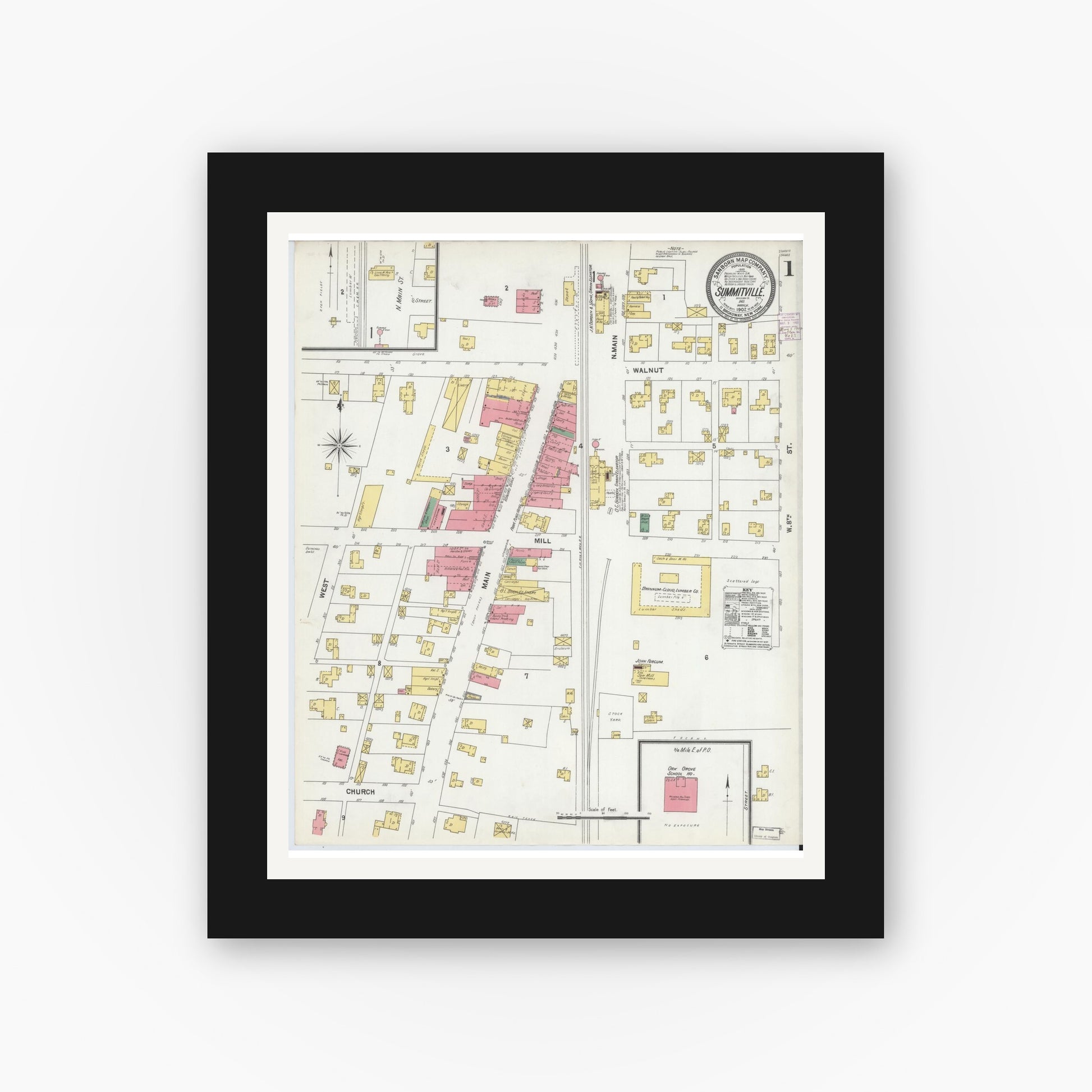 Old map wall art mockup — black gallery frame with white mat — Sanborn Fire Insurance Map from Summitville, Madison County, Indiana (1902), Sheet #0001