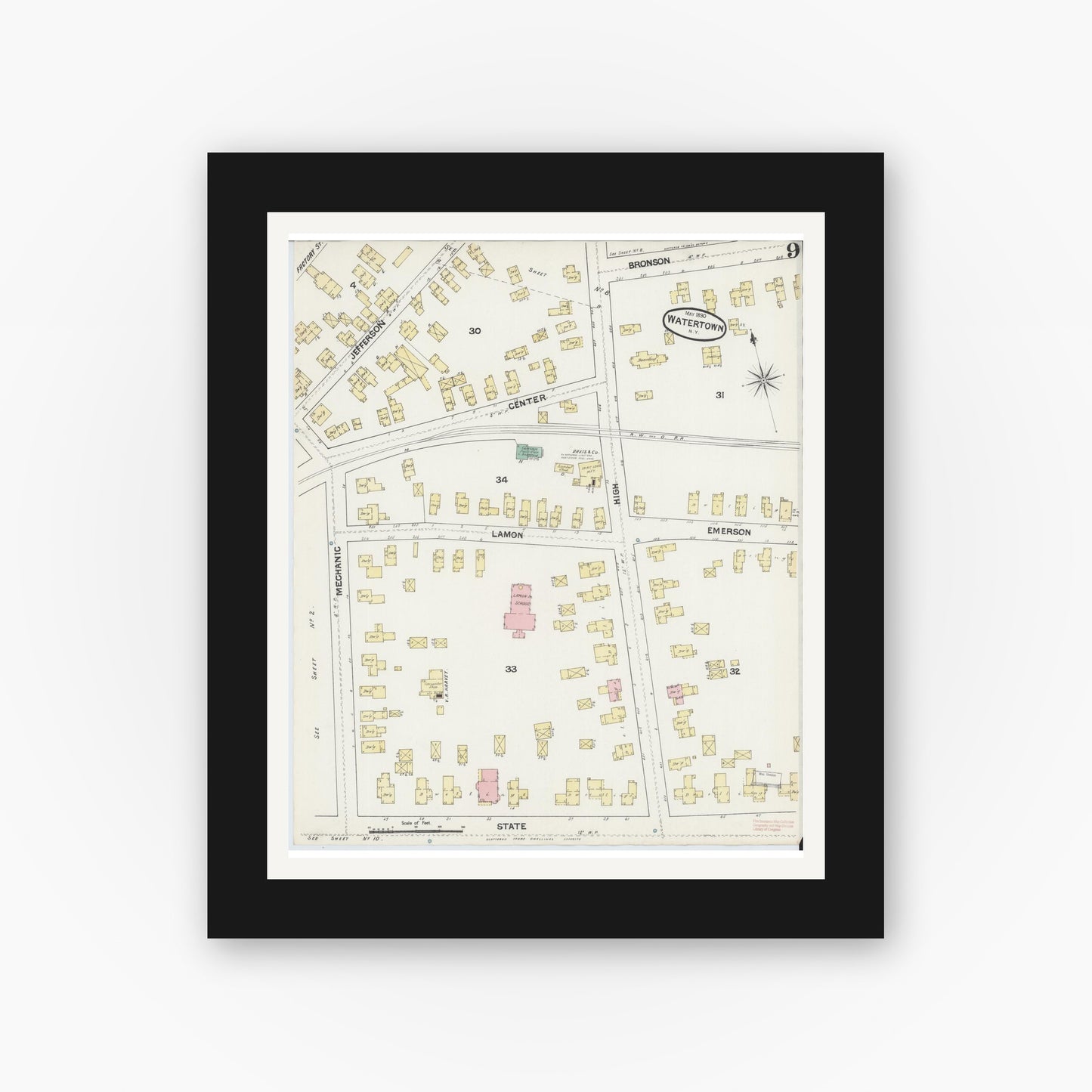 Old map wall art mockup — black gallery frame with white mat — Sanborn Fire Insurance Map from Watertown, Jefferson County, New York (1890), Sheet #0009