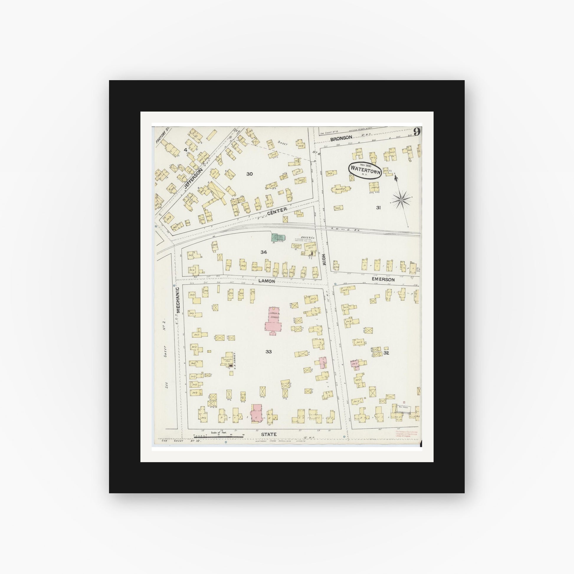 Old map wall art mockup — black gallery frame with white mat — Sanborn Fire Insurance Map from Watertown, Jefferson County, New York (1890), Sheet #0009