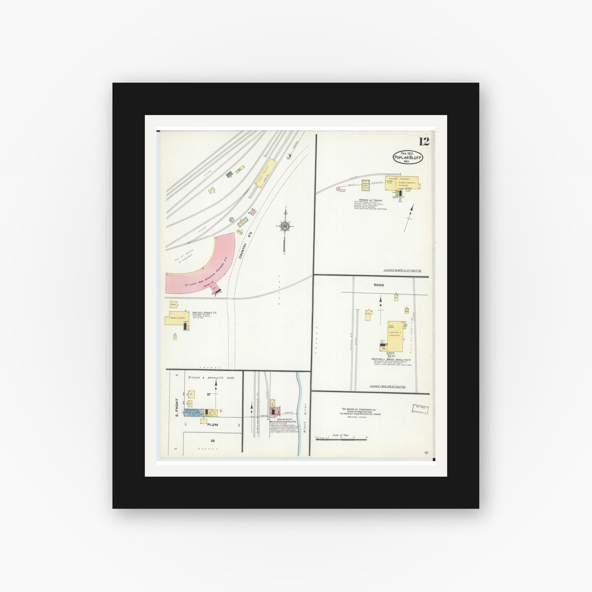 Old map wall art mockup — black gallery frame with white mat — Sanborn Fire Insurance Map from Poplar Bluff, Butler County, Missouri (1910), Sheet #0012