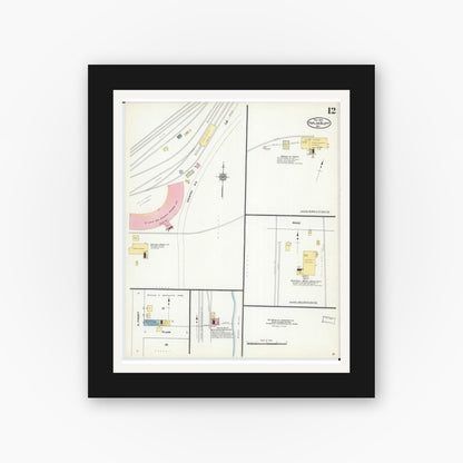 Old map wall art mockup — black gallery frame with white mat — Sanborn Fire Insurance Map from Poplar Bluff, Butler County, Missouri (1910), Sheet #0012