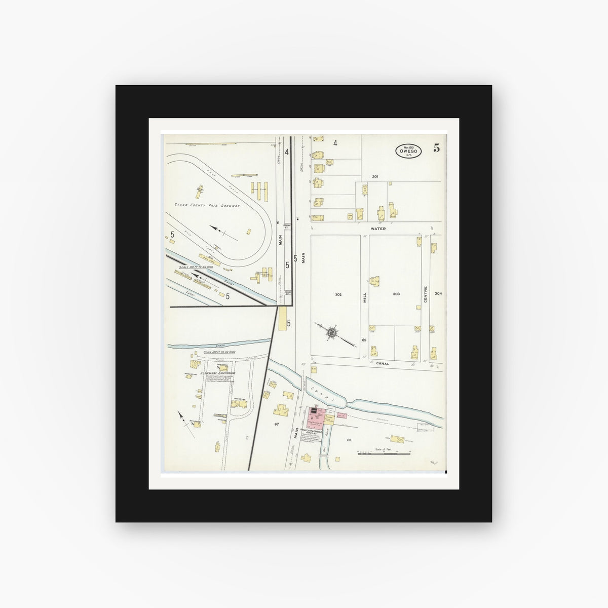Old map wall art mockup — black gallery frame with white mat — Sanborn Fire Insurance Map from Owego, Tioga County, New York (1910), Sheet #0005