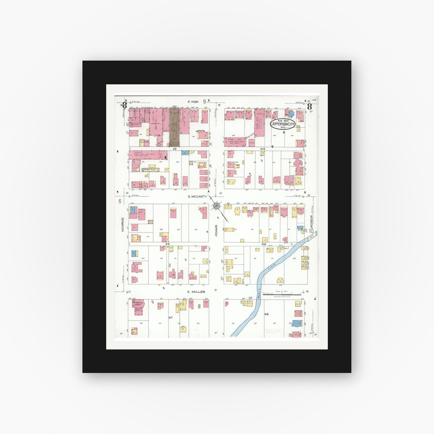 Old map wall art mockup — black gallery frame with white mat — Sanborn Fire Insurance Map from Jefferson City, Cole County, Missouri (1923), Sheet #0008