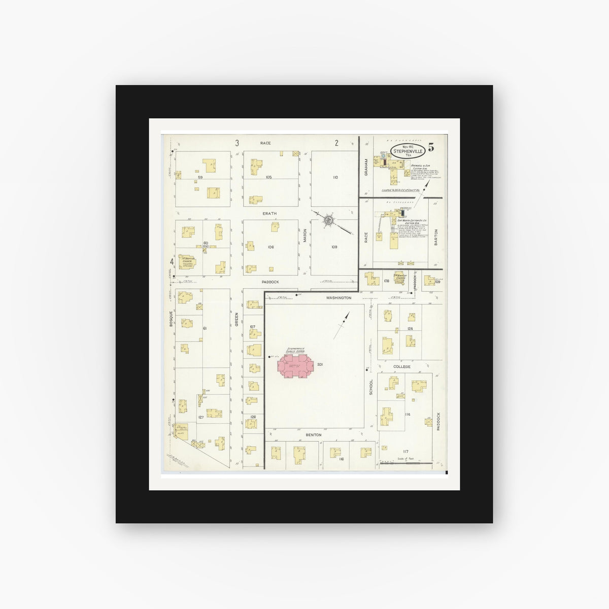 Old map wall art mockup — black gallery frame with white mat — Sanborn Fire Insurance Map from Stephenville, Erath County, Texas (1912), Sheet #0005