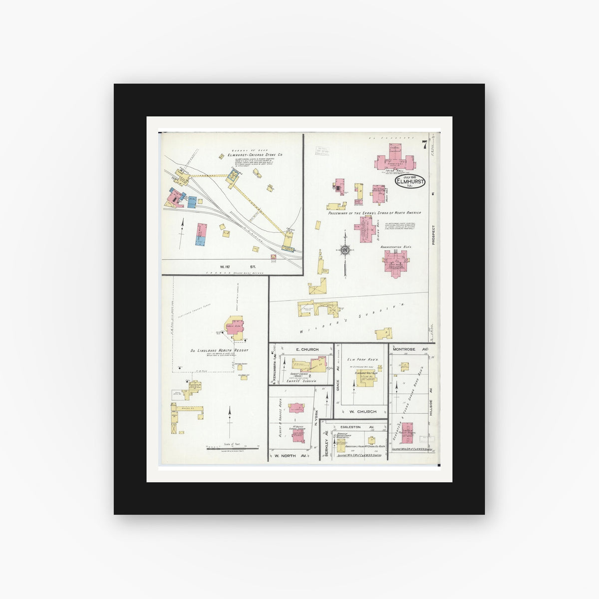 Old map wall art mockup — black gallery frame with white mat — Sanborn Fire Insurance Map from Elmhurst, Du Page County, Illinois (1918), Sheet #0007