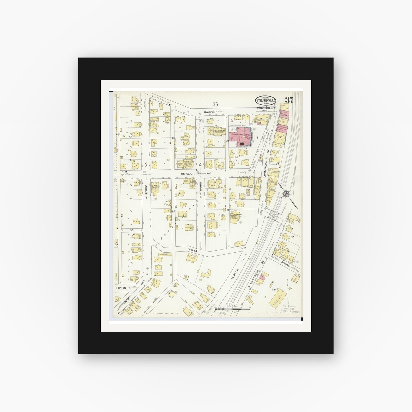 Old map wall art mockup — black gallery frame with white mat — Sanborn Fire Insurance Map from Steubenville, Jefferson County, Ohio (1913), Sheet #0037