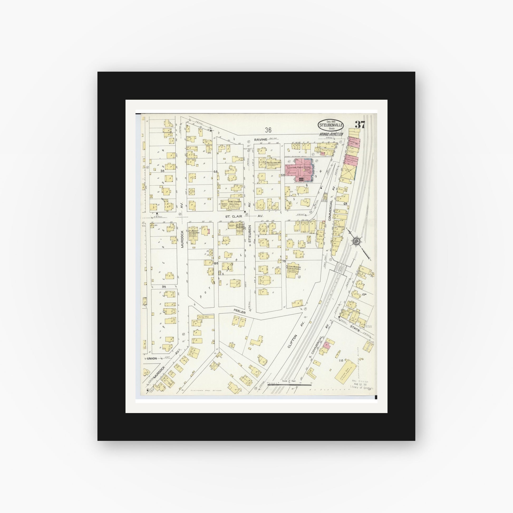 Old map wall art mockup — black gallery frame with white mat — Sanborn Fire Insurance Map from Steubenville, Jefferson County, Ohio (1913), Sheet #0037