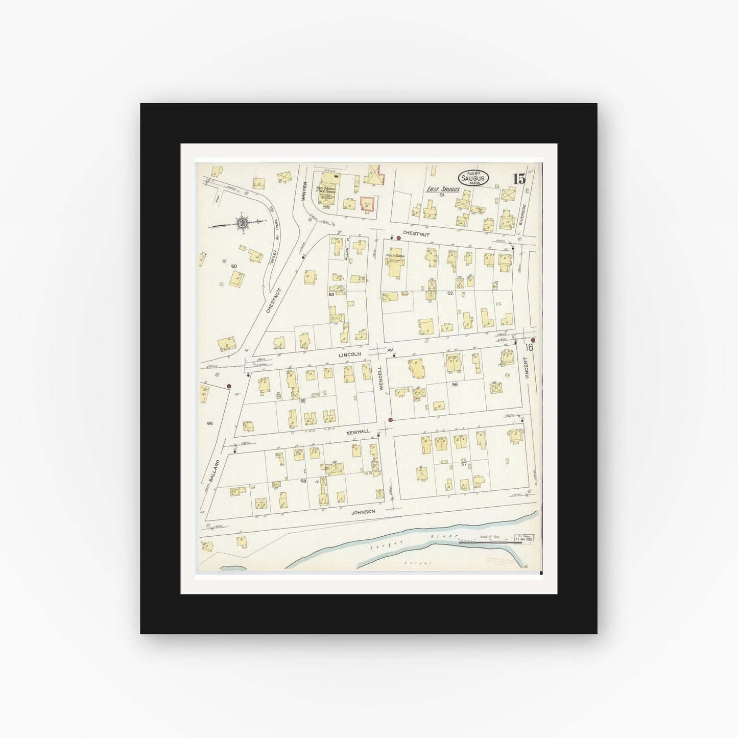 Old map wall art mockup — black gallery frame with white mat — Sanborn Fire Insurance Map from Saugus, Essex County, Massachusetts (1913), Sheet #0015