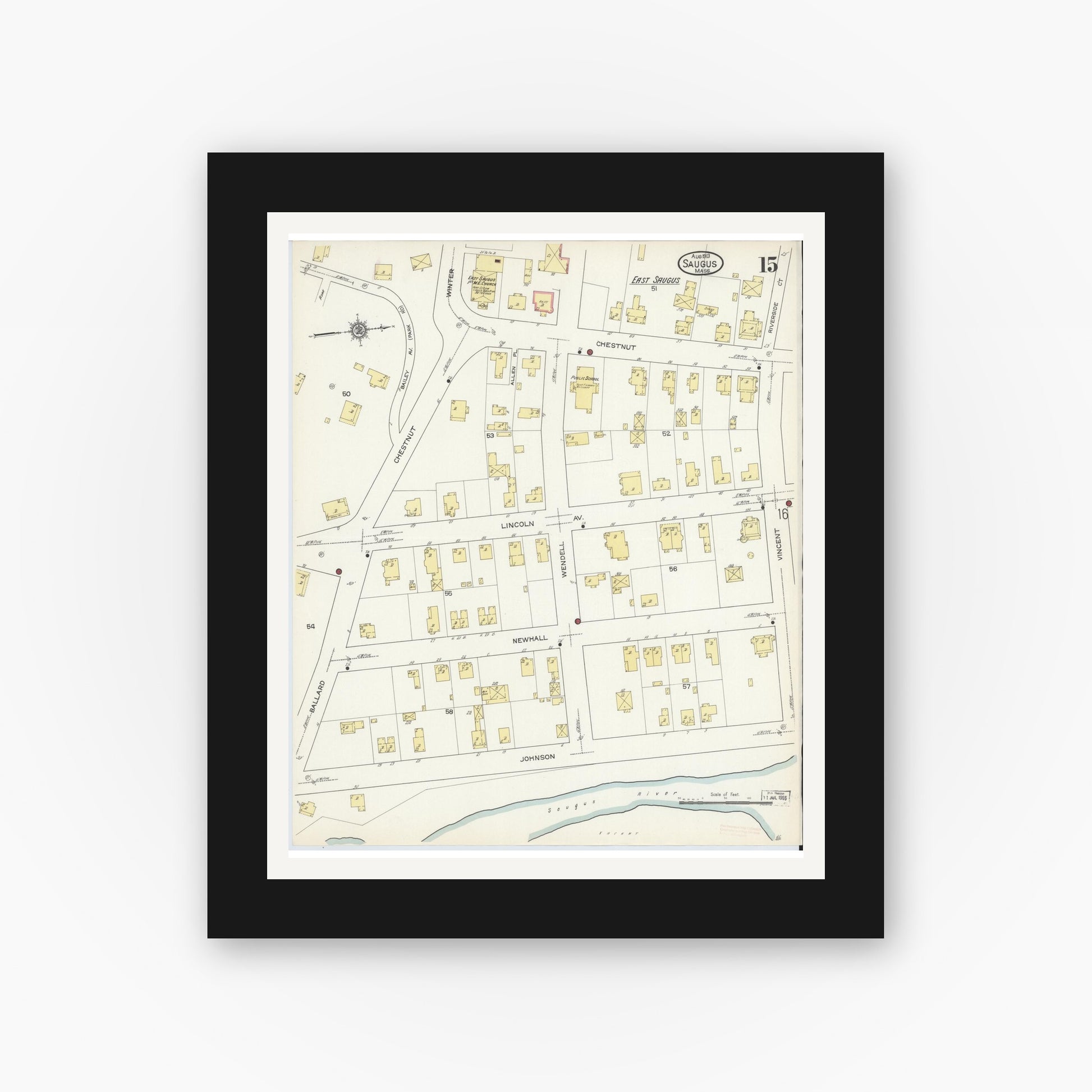 Old map wall art mockup — black gallery frame with white mat — Sanborn Fire Insurance Map from Saugus, Essex County, Massachusetts (1913), Sheet #0015