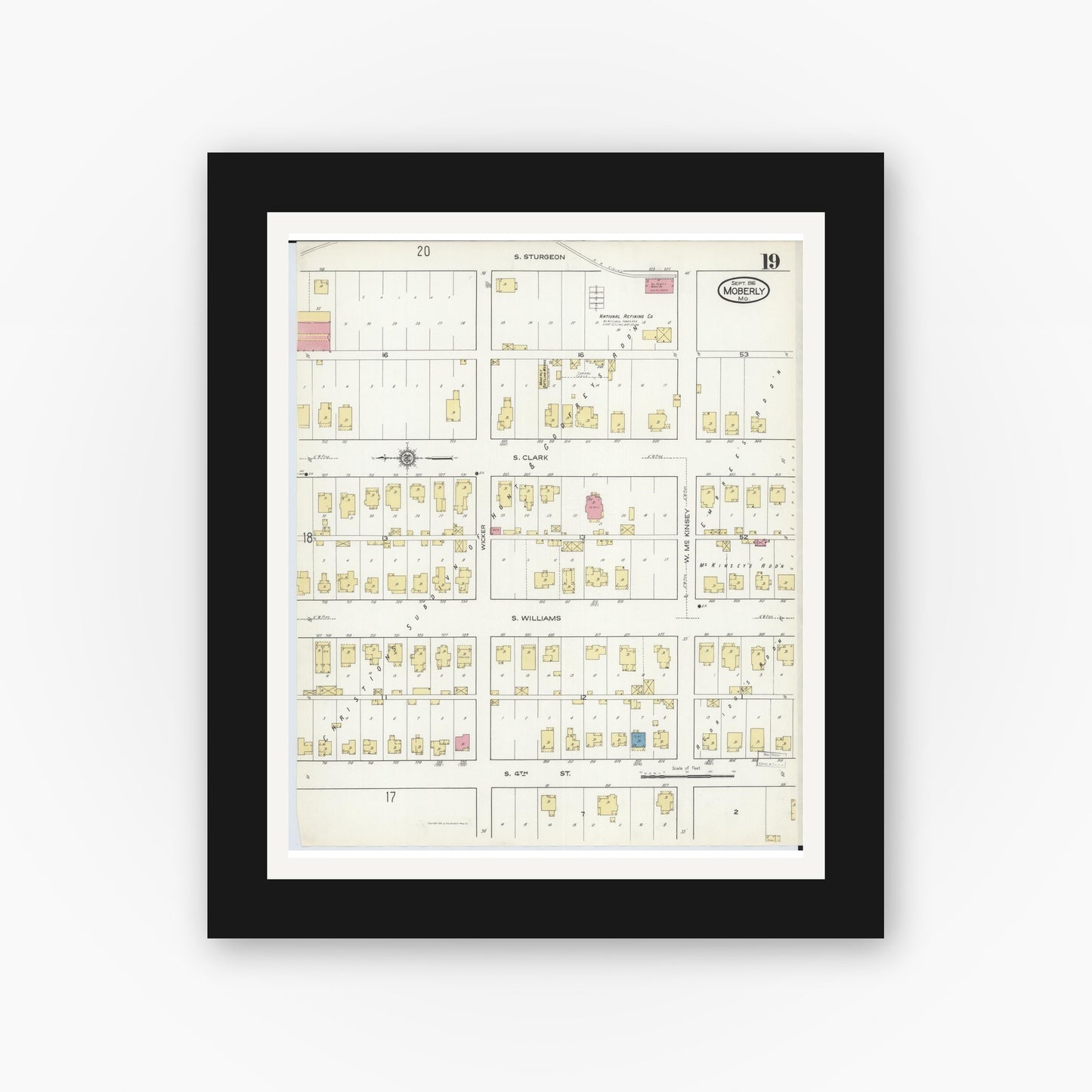 Old map wall art mockup — black gallery frame with white mat — Sanborn Fire Insurance Map from Moberly, Randolph County, Missouri (1916), Sheet #0019
