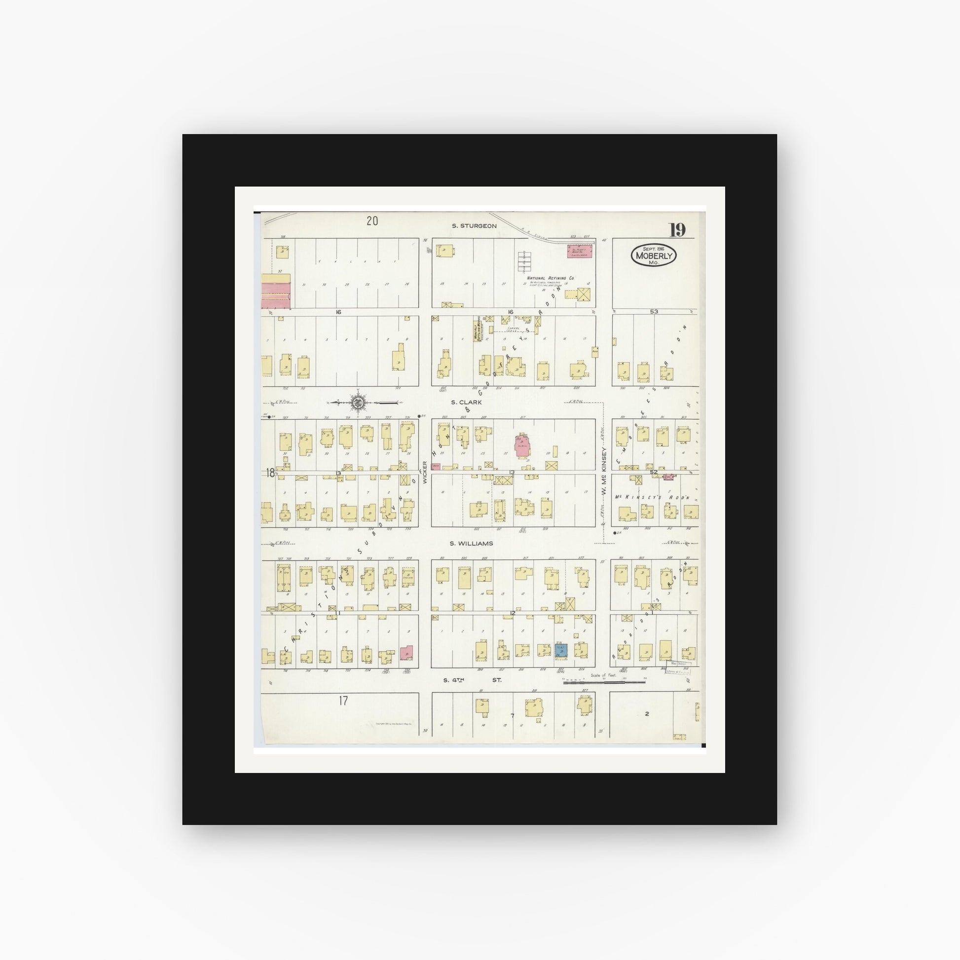Old map wall art mockup — black gallery frame with white mat — Sanborn Fire Insurance Map from Moberly, Randolph County, Missouri (1916), Sheet #0019