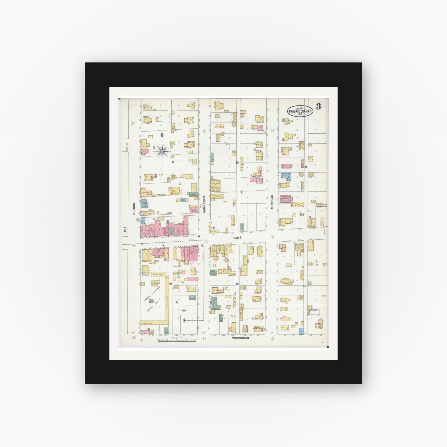 Old map wall art mockup — black gallery frame with white mat — Sanborn Fire Insurance Map from Prairie du Chien, Crawford County, Wisconsin (1899), Sheet #0003