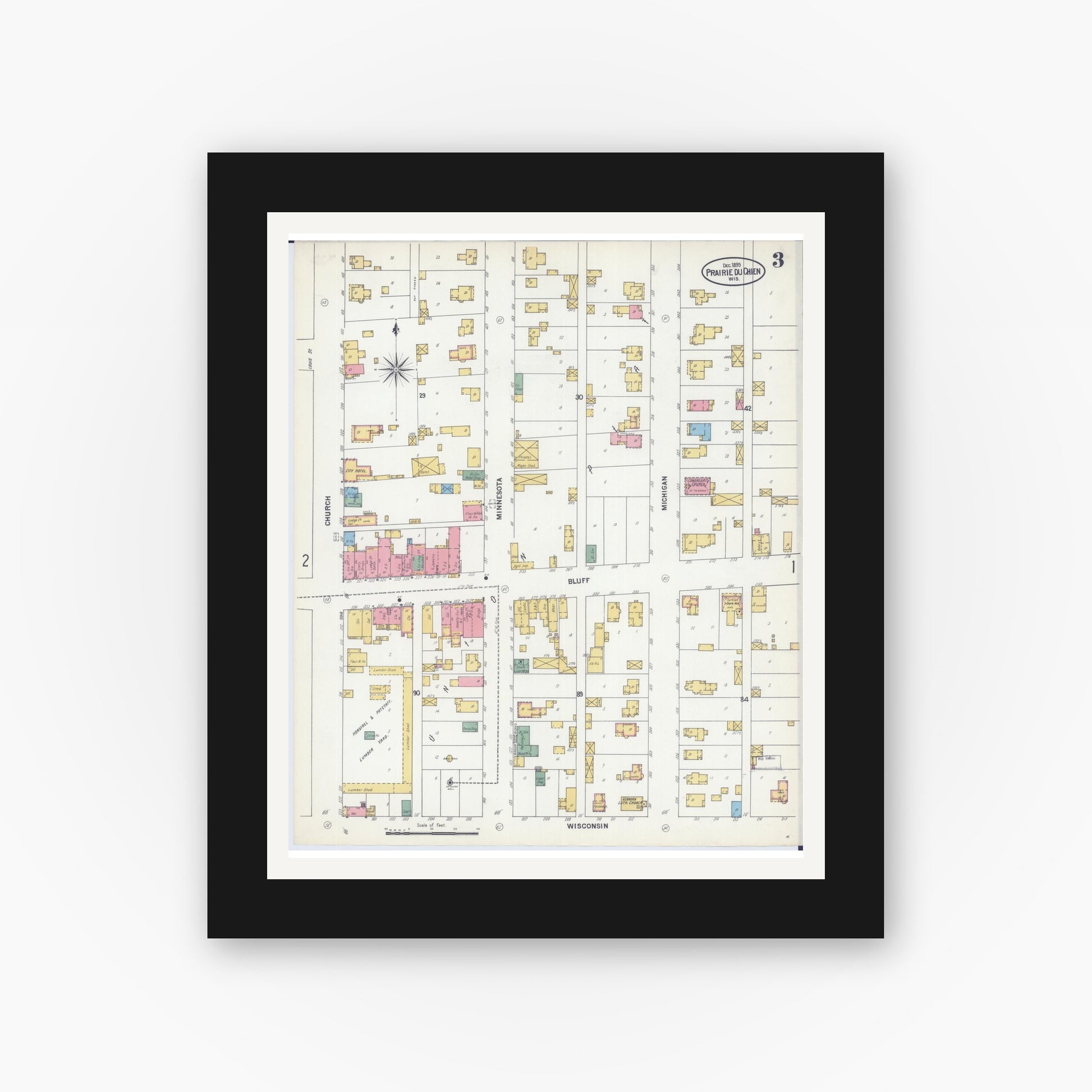 Old map wall art mockup — black gallery frame with white mat — Sanborn Fire Insurance Map from Prairie du Chien, Crawford County, Wisconsin (1899), Sheet #0003
