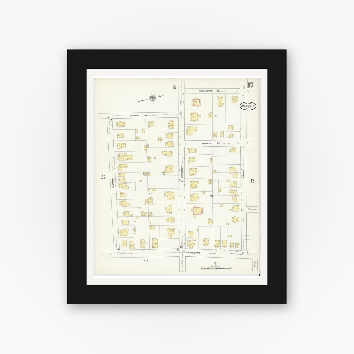 Old map wall art mockup — black gallery frame with white mat — Sanborn Fire Insurance Map from Asheville, Buncombe County, North Carolina (1913), Sheet #0017
