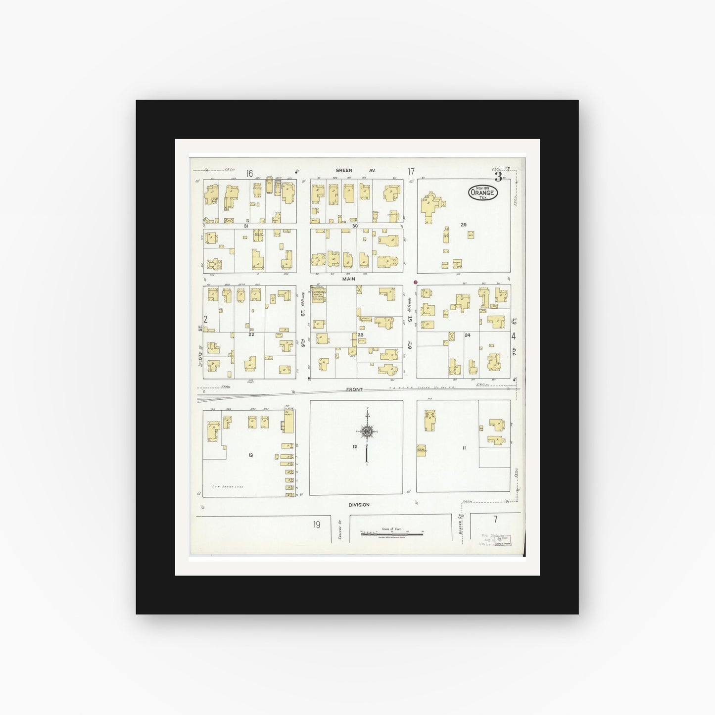 Old map wall art mockup — black gallery frame with white mat — Sanborn Fire Insurance Map from Orange, Orange County, Texas (1919), Sheet #0003
