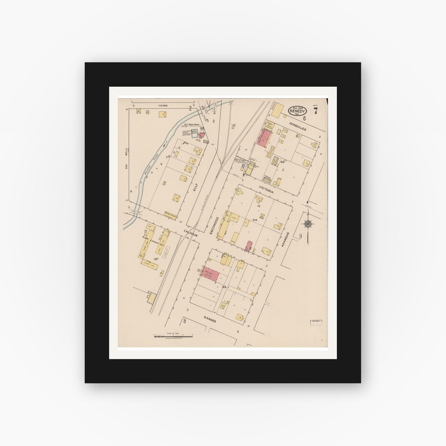 Old map wall art mockup — black gallery frame with white mat — Sanborn Fire Insurance Map from Kenedy, Karnes County, Texas (1922), Sheet #0007